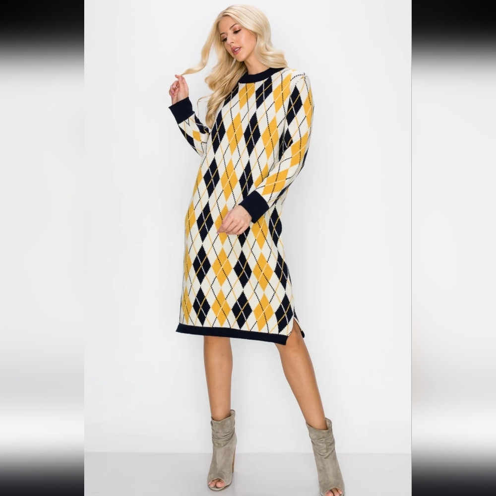 NWT Joh Santanna Sweater Dress Yellow Navy Argyl Womens Size M